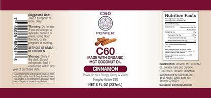 C60 Power Cinnamon Flavored C60 MCT Coconut Oil - Organic Cold-Pressed Coconut Oil - 99.99% Pure C60 Carbon Fullerenes - Boost Energy & Mental Focus (8oz)