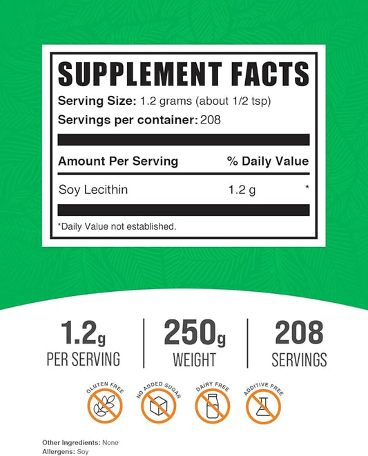 BulkSupplements.com Soy Lecithin Powder - Lecithin Supplement, Lecithin 1200mg Powder - Lecithin Powder Food Grade, Gluten Free, 1200mg per Serving, 250g (8.8 oz) (Pack of 1)