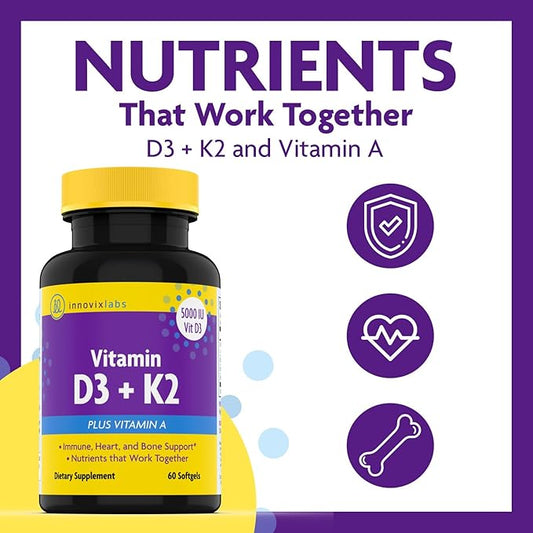InnovixLabs Vitamin D3 K2-5000 IU Vitamin D3 plus 600 mcg K2 MK4 MK4 and MK7 for 3rd Party 60 Softgels