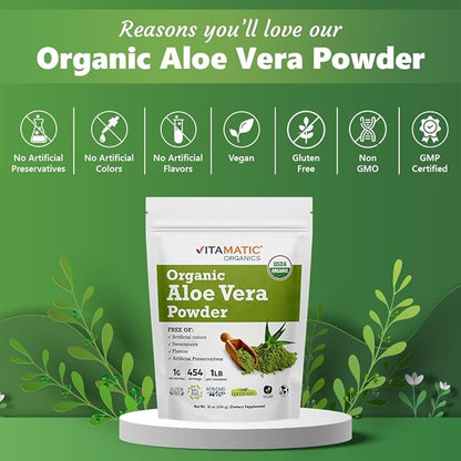 Vitamatic Certified USDA Organic Aloe Vera 1 Pound (16 Ounce)