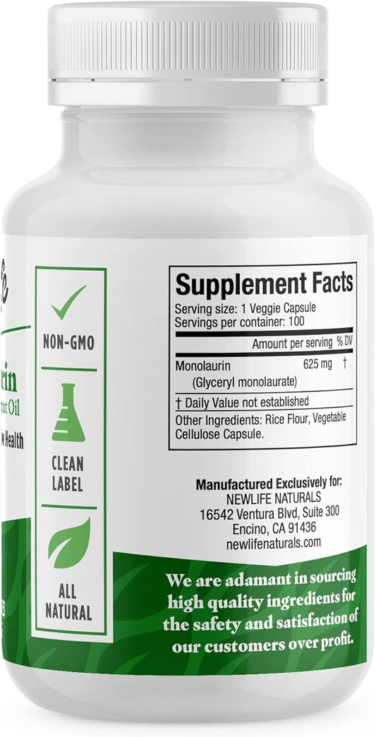 NewLife Naturals Monolaraurin Dietary Supplement 625mg Monolaurin 100 Vegetable
