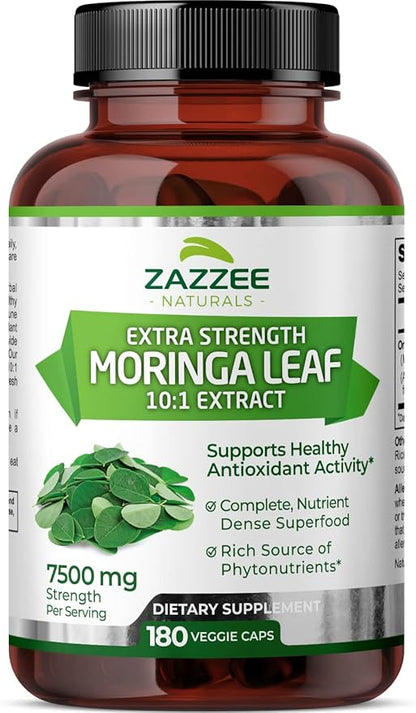 Zazzee Organic Moringa Oleifera Leaf 7500 180 Vegan 10:1 Extract, 100% Pure 10X Leaf