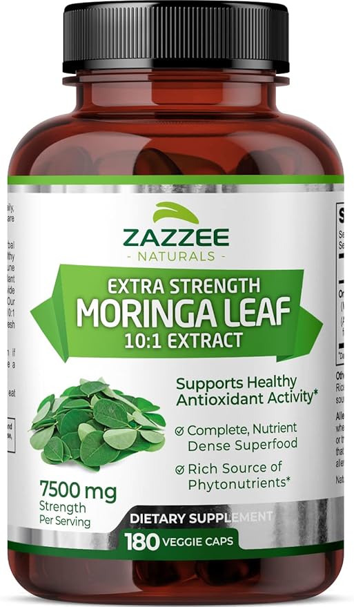 Zazzee Organic Moringa Oleifera Leaf 7500 180 Vegan 10:1 Extract, 100% Pure 10X Leaf