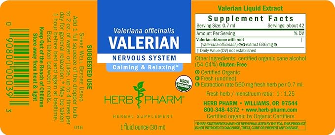 Herb Pharm Certified Organic Valerian Root 1 Ounce