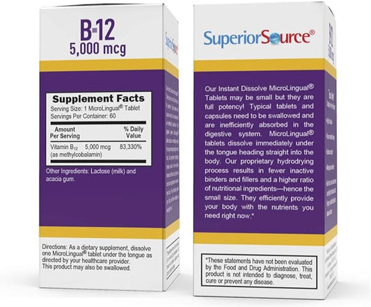 Superior Source No Shot Vitamin B12 5000 mcg, 60 Count, B12, Supports