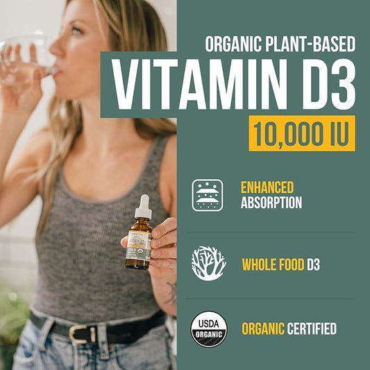 Organic Vitamin D3 10,000 IU - Plant D3, Vegan, Max Strength Sublingual Liquid D3 Drops - 200% Higher Absorption, 100% Plant-Based Cholecalciferol Form & Vegan D3, Adjustable Dosing (1oz - 2 Pack)
