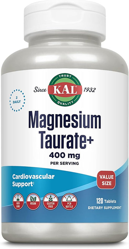 KAL Magnesium Taurate 400mg Plus Vitamin B6, Chelated 60-Day Guarantee, 60 Serv, 120 Tabs