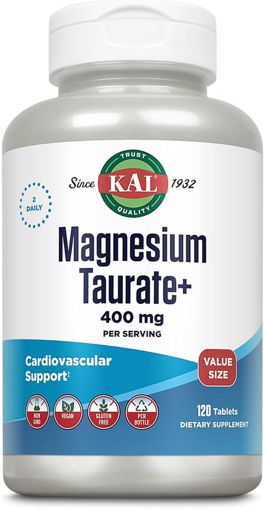 KAL Magnesium Taurate 400mg Plus Vitamin B6, Chelated 60-Day Guarantee, 60 Serv, 120 Tabs