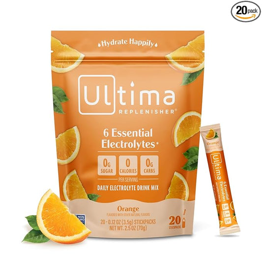 Ultima Replenisher Daily Electrolyte Powder Drink Mix – Orange, 20 Stickpacks – Hydration Packets with 6 Key Electrolytes and Trace Minerals – Keto Friendly, Vegan, Non-GMO and Sugar-Free