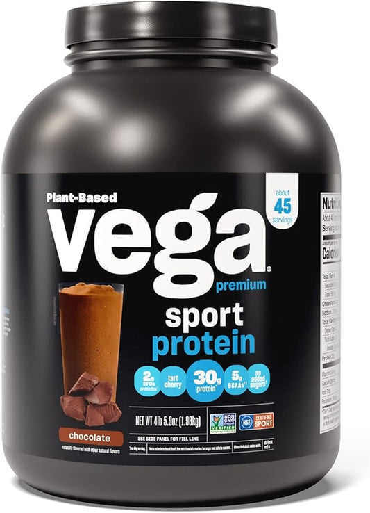 Vega Sport Premium Vegan Protein Powder Chocolate(45 Servings) 30g Plant Protein,5g BCAAs,Dairy Men,4lbs 5.9Oz(Packaging 5.9Oz(Packaging May