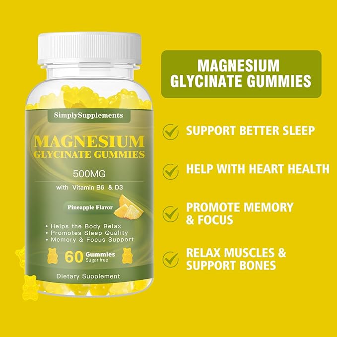 Magnesium Glycinate Gummies 500mg, Chewable Magnesium D3, B6, B6, CoQ10, CoQ10, for 60 Pineapple