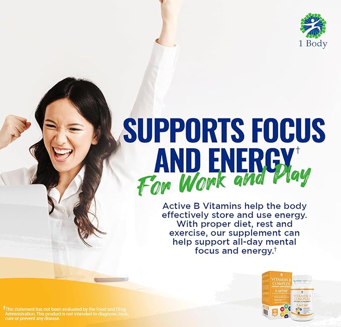 1 Body Vitamin B Complex Twin 5-MTHF Folate B1, B2, B2, B5, B5, B6, B6, Methyl B12, Niacin, 60 capsules
