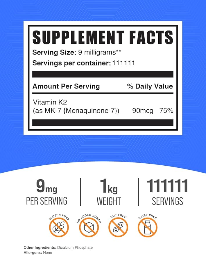 BulkSupplements.com Vitamin K2 Powder - Vitamin K2 MK-7, as Menaquinone Powder - K2 Vitamin Supplement for Wellness, Gluten Free, 9mg per Serving, 1kg (2.2 lbs) (Pack of 1)