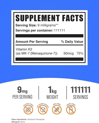 BulkSupplements.com Vitamin K2 Powder - Vitamin K2 MK-7, as Menaquinone Powder - K2 Vitamin Supplement for Wellness, Gluten Free, 9mg per Serving, 1kg (2.2 lbs) (Pack of 1)