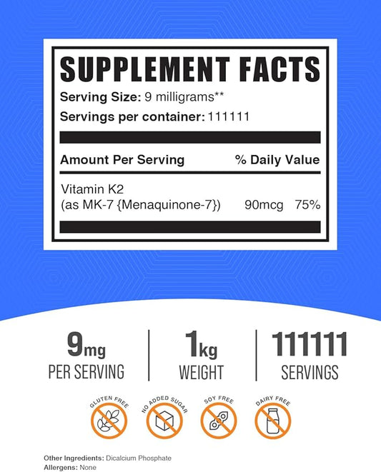 BulkSupplements.com Vitamin K2 Powder - Vitamin K2 MK-7, as Menaquinone Powder - K2 Vitamin Supplement for Wellness, Gluten Free, 9mg per Serving, 1kg (2.2 lbs) (Pack of 1)