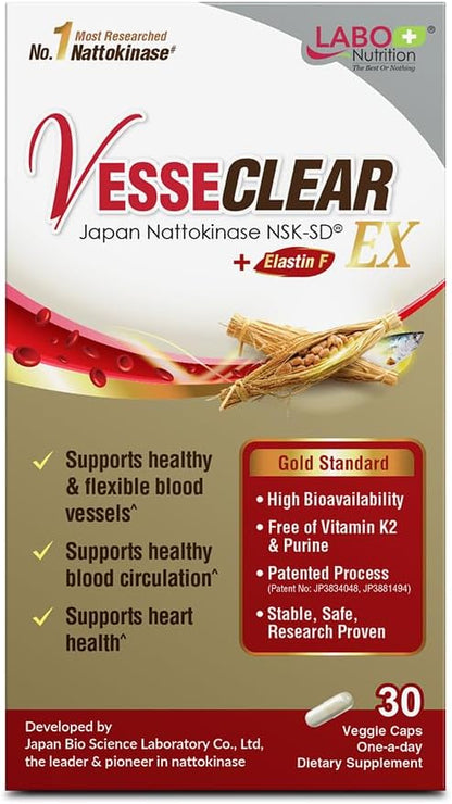 LABO Nutrition VesseCLEAR EX: Nattokinase NSK-SD+Elastin F for Clean & Flexible Blood Vessel. Japan's Most Research Proven, Functional Dose, Acid-Resistant/Delayed Release Capsules