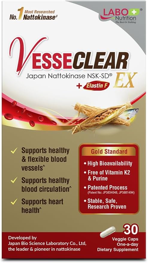 LABO Nutrition VesseCLEAR EX: Nattokinase NSK-SD+Elastin F for Clean & Flexible Blood Vessel. Japan's Most Research Proven, Functional Dose, Acid-Resistant/Delayed Release Capsules