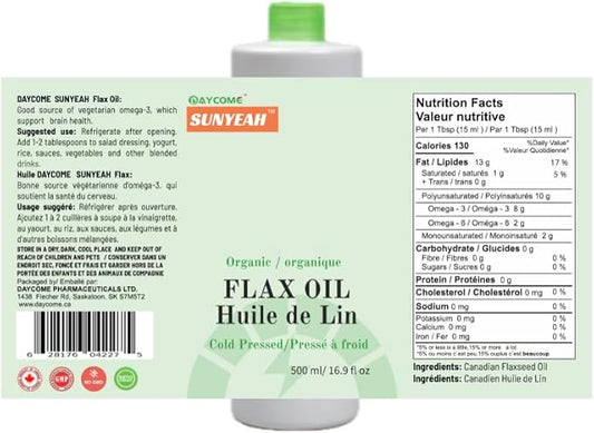 Canadian Organic Flaxseed Oil - 100% Pure, Cold presss, Unrefined, Non-GMO-Saskatchewan Harvest - Essential Fatty Acids for Wellness- 8 g Omega3 per Serving