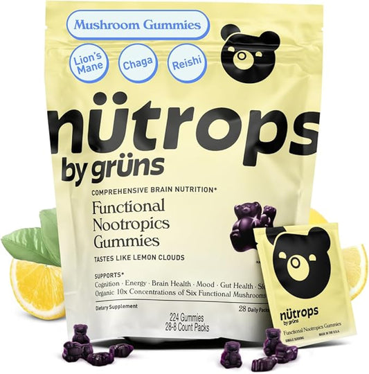 Nutrops Functional Nootropics Mushroom Gummies for adult, Herbal Brain Supplement Gummy, Energy, Brain Health, Cognitive Support, Focus - Lions Mane, Reishi, Chaga, Cordyceps, Coriolus Blend, 28 serve