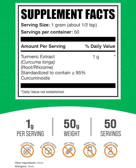 BulkSupplements.com Turmeric Extract Powder - from Turmeric Root, Curcumin Supplements 1000mg, Turmeric Curcumin Powder - Gluten Free, 1000mg per Serving, 50g (1.8 oz) (Pack of 1)