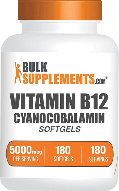 BulkSupplements.com Vitamin B12 5000 mcg Softgels - Cyanocobalamin, Vitamin B Supplements, B12 Vitamins Pills - Gluten Free, 1 Vitamin B12 Softgel per Serving, 180-Day Supply, 180 Softgels