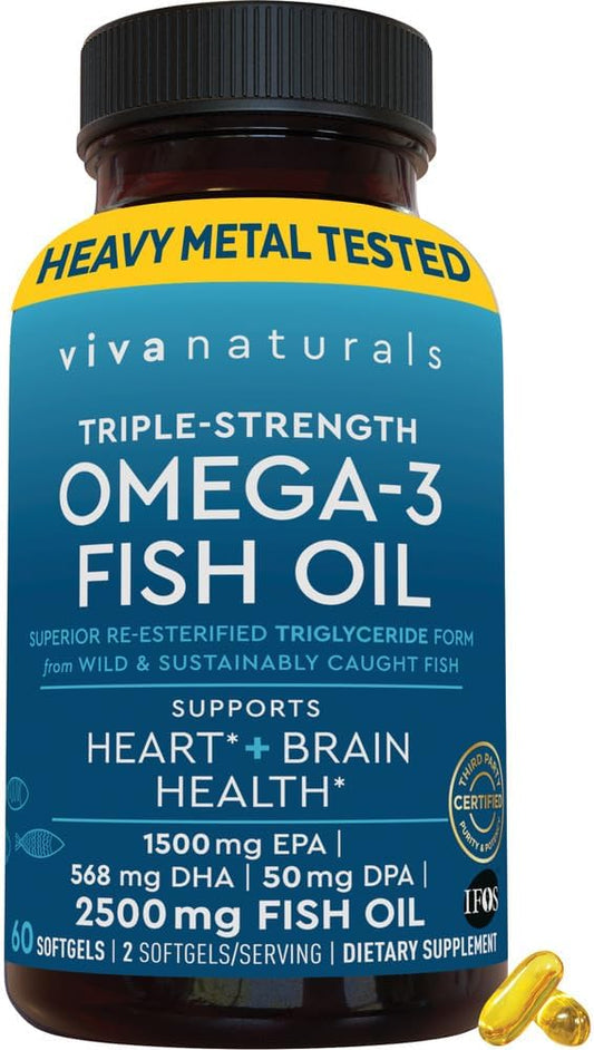Viva Naturals Triple Strength Omega 3 2500 mg 3 Fatty 60 Pescatarian-Friendly