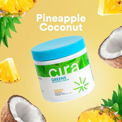 Cira Daily Greens - Naturally Sweetened, Organic Spirulina Superfood Powder with Premium, Antioxidant-Rich Ingredients for Debloating, Digestion, & Energy - Pineapple Coconut, 30 Servings