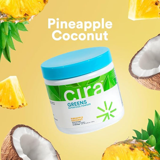 Cira Daily Greens - Naturally Sweetened, Organic Spirulina Superfood Powder with Premium, Antioxidant-Rich Ingredients for Debloating, Digestion, & Energy - Pineapple Coconut, 30 Servings