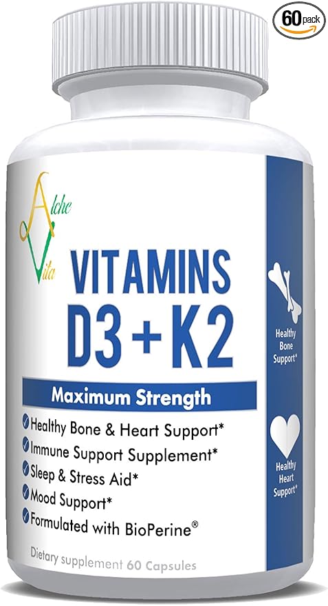 AlcheVita Vitamins D3 (5000 IU) + K2 (mk7) (mk7) + (210mg)- Maximum (3-in-1 Formula) 60 Capsules
