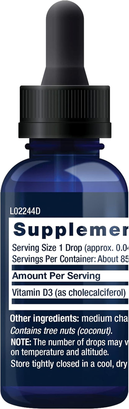Life Extension Liquid Vitamin D3, 50 mcg (2000 IU), Immune System Support, Bone Health, Whole-Body Health, unflavored, Gluten-Free, Non-GMO, 29.57 ml