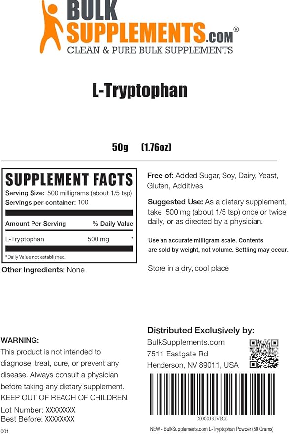 BulkSupplements.com L-Tryptophan Powder 500mg, Tryptophan 500mg per 50g (1.8 (1.8 oz) 1)