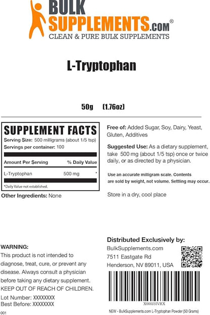 BulkSupplements.com L-Tryptophan Powder 500mg, Tryptophan 500mg per 50g (1.8 (1.8 oz) 1)