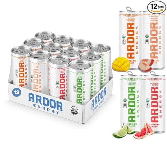 ARDOR ENERGY Sparkling Water TROPICAL variety 12 pack with 100mg Organic Caffeine from Green Tea & 200mg Organic L-Theanine (Focus & Calm). No Sugar. No Calories. Vegan. Gluten Free.