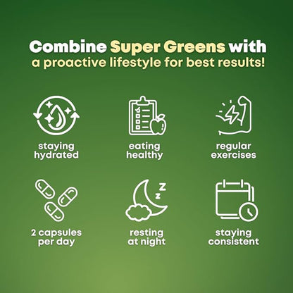 Organic Super Greens Superfood Capsules Supplement - Spirulina, Chlorella, Wheatgrass, Kale Powder, Sulforaphane, Antioxidants - Gut Health, Digestion, Energy, Immunity Support - 120 Vegan Capsules