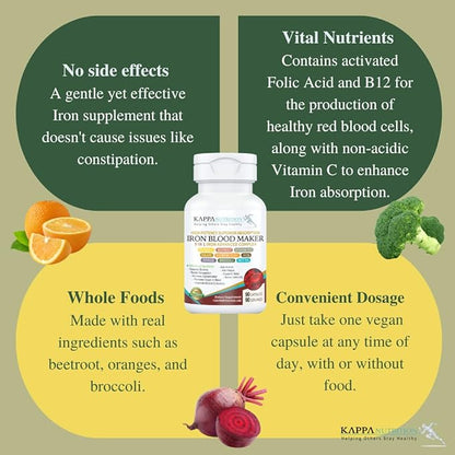 (90 Capsules), Iron 26mg, Vitamin C 150mg, Folate 667mcg DFE, B12, Beetroot, 9 in 1 Advanced