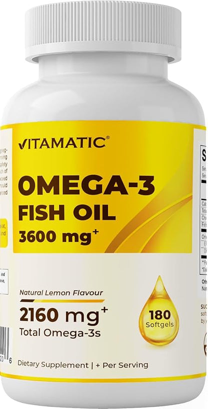 Vitamatic Triple Strength Omega 3 Fish 3600mg Per 2160mg Omega 3 Fatty 1296mg EPA 864mg DHA, 180 Softgels
