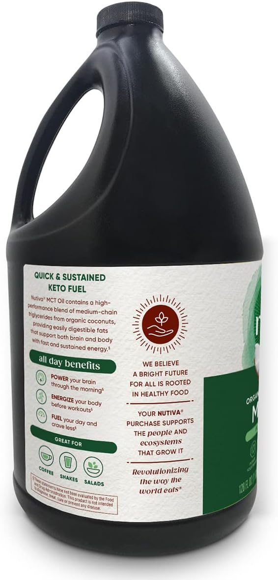 Nutiva Organic MCT Oil, 1 gallon, Unflavored for Coffee, Non-GMO made from Organic Coconuts, Keto Friendly, Best Oil Wellness Ketosis Supplement, 14g of C8 & C10 per serving