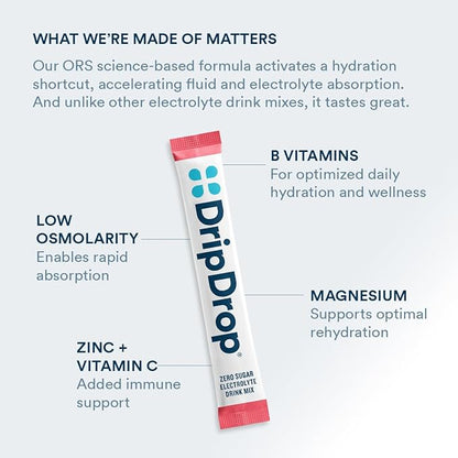 DripDrop Hydration - Zero Sugar Watermelon - Electrolyte Drink Mix Single Serve Powder Packets | Non-GMO, Gluten Free, Vegan | 32 Sticks
