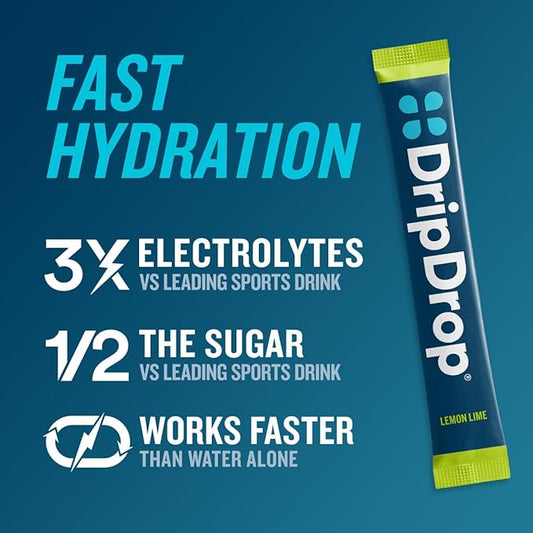 DripDrop Hydration - Lemon Lime - Electrolyte Drink Mix Single Serve Powder Packets | Non-GMO, Gluten Free, Vegan | 32 Sticks