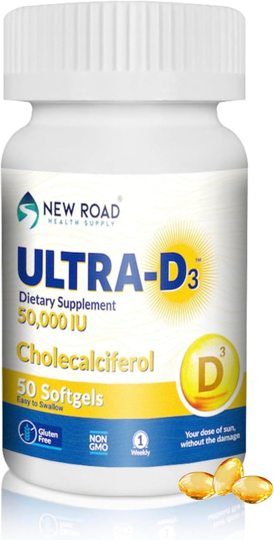 New Road Health Supply - Vitamin D 50000 IU, Once Weekly Dose, Easy to Swallow Vitamin D Softgel for Bones, Teeth, and Immune Support, Gluten Free, 50 Count