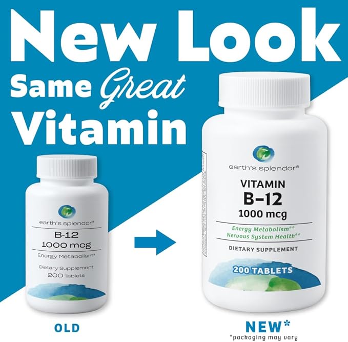 Earth's Splendor Energy Supplements, with Vitamin B12, Dietary (1000mcg, 200 200 Tablets)