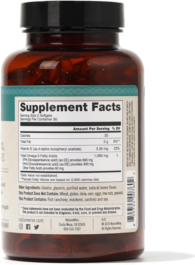 NatureWise Extra-Strength Omega 3 Fish Oil Supplement 1000mg per 600 EPA 400 DHA 60 Softgels[1-Month Softgels[1-Month Supply]