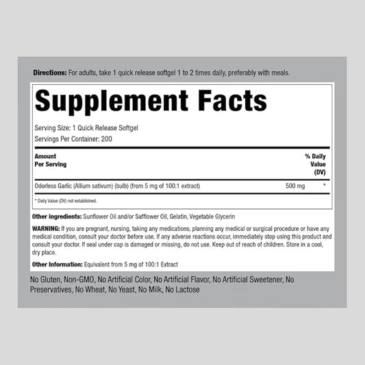 Piping Rock Odorless Garlic Softgels 500mg | 200 Pills