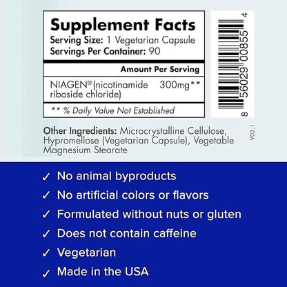 TRU NIAGEN Patented NAD Supplement for Anti Aging and Cell Regeneration, 300 mg Niagen, 90 Servings | Supports Cellular Energy, Brain, Muscle | Nicotinamide Riboside (NR) Take 1 Daily | 2 Bottles