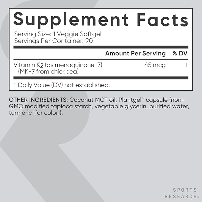 Sports Research® Vitamin K2 as MK7 (45mcg) - Vegan K2 from Chickpea with Coconut MCT Oil - Supports Bone & Heath Health - Vegan Certified, Gluten & Soy Free - 60 Veggie Softgels