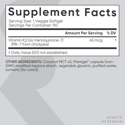 Sports Research® Vitamin K2 as MK7 (45mcg) - Vegan K2 from Chickpea with Coconut MCT Oil - Supports Bone & Heath Health - Vegan Certified, Gluten & Soy Free - 60 Veggie Softgels