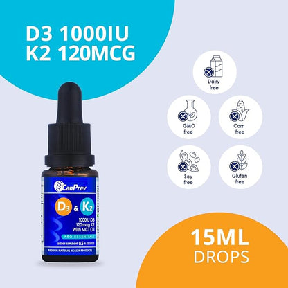 CanPrev D3 & K2 Drops - MCT Oil Base, 15ml Liquid Vitamin Supplement, 450 Drops with 250IU D3 & 30mcg MK-7 K2, Supports Strong Bones & Teeth, Easy-to-Take Formula, Free from Gluten, Dairy, Soy & Sugar