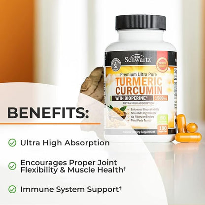Turmeric Curcumin with Black Pepper Extract 1500mg - High Absorption Ultra Potent Turmeric Supplement with 95% Curcuminoids and BioPerine - Non GMO Turmeric Capsules for Joint Support - 180 Capsules
