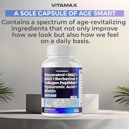 Vitamax Resveratrol NAD+ Berberine Hyaluronic Acid 21-in-1 Women 120 Count