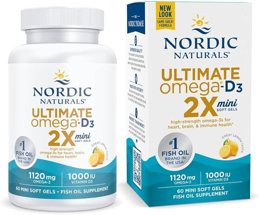 Nordic Naturals Ultimate Omega 2X Mini D3, Lemon 1120 mg Omega-3 + 1000 IU D3-60 Mini Omega-3 Fish 30 Servings